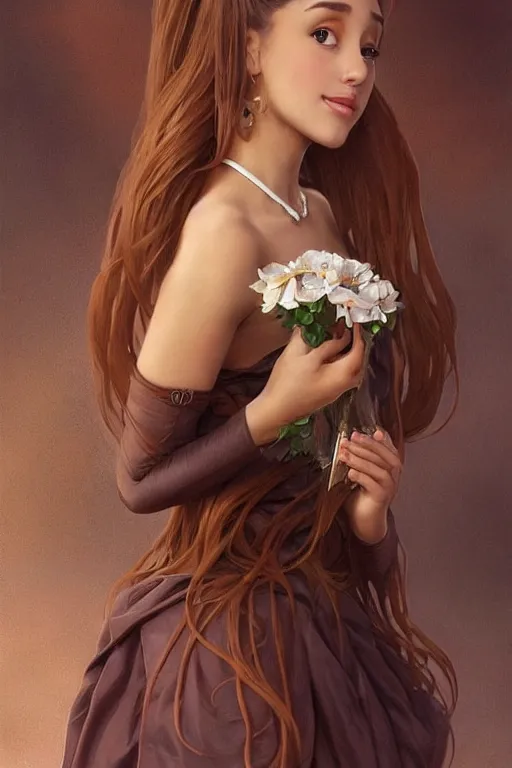 Image similar to beautiful cottagecore Ariana Grande holding a chocolate colored vase. intricate, elegant. the background is chocolate !. highly detailed, digital painting, artstation, concept art, smooth, sharp, focus, illustration. . art by artgerm and greg rutkowski and alphonse mucha