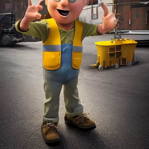 Image similar to bob the builder as a real life human person shot from cinematic, hyper detailed, ultra realistic 4k trending on artstation