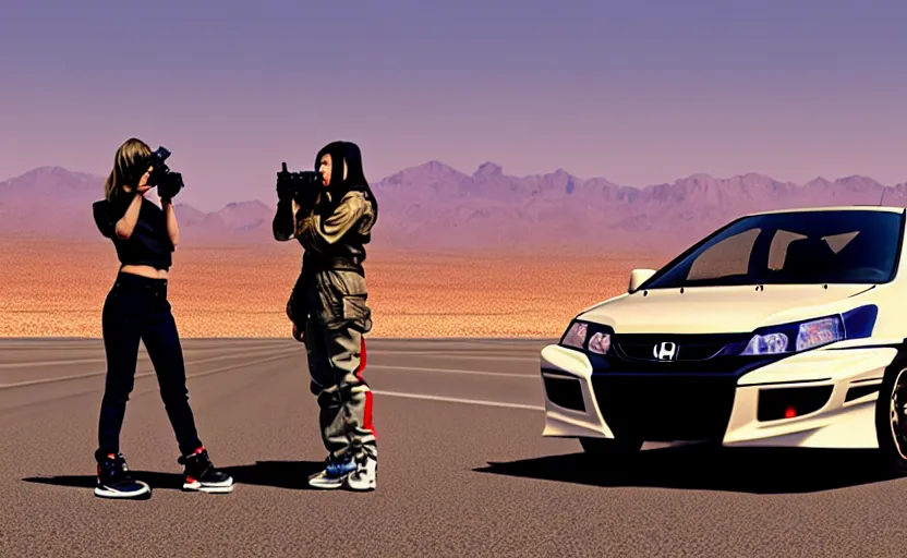 Image similar to photograph of a cell-shaded Honda EK9 Type-R with a techwear woman , on a desert road with a futuristic city in the horizon, one point perspective, 1-point perspective, tilt shift, sigma 85mm f/1.4, 4k, depth of field, high resolution, 4k, 8k, hd, full color