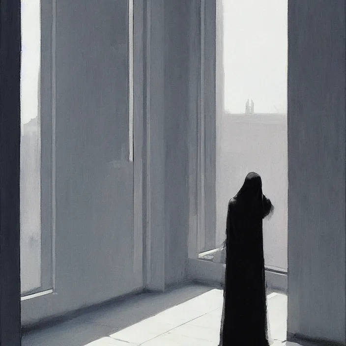 Prompt: woman in transparent black robes, back to us, reaching up for window, highly detailed, artstation, art by John Berkey, edward hopper, zdislav beksinski, wayne barlowe, edward hopper