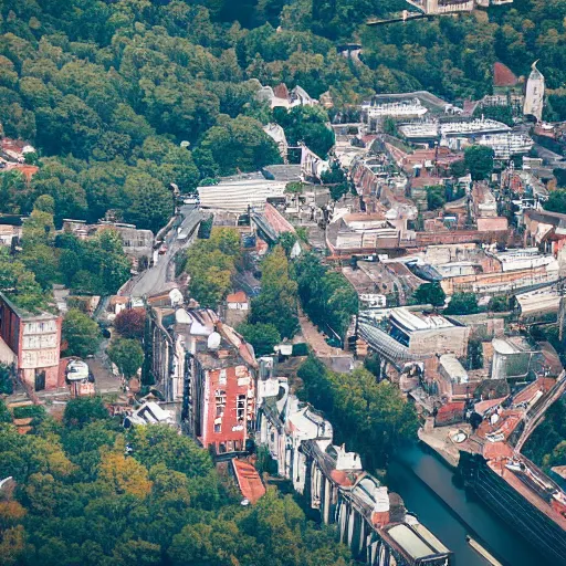 Image similar to bird's eye view photography of a small city. town hall, central farm, dock. hills, woods, and lake to the north.