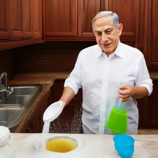 Prompt: stock photo of benjamin netanyahu washing the dishes