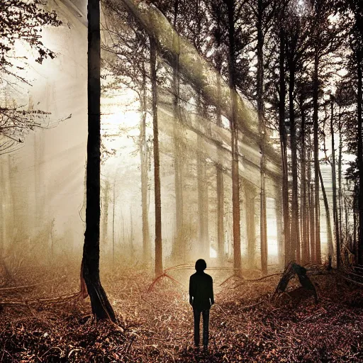 Image similar to A beautiful digital art of a man's head is floating in the air, surrounded by a halo of light. His eyes are wide open and his mouth is gaping in a scream. His hair is wild and his clothes are in tatters. Behind him is a dark, ominous forest. by Arthur Elgort subdued, ornamented