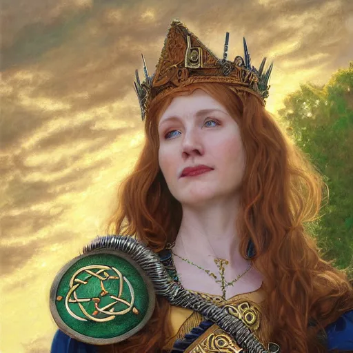 Image similar to an portrait of an happy female scottish celtic queen, detailed, centered, digital painting, artstation, concept art, donato giancola, Joseph Christian Leyendecker, WLOP, Boris Vallejo, Breathtaking, 8k resolution, extremely detailed, beautiful, establishing shot, artistic, hyperrealistic, beautiful face, octane render