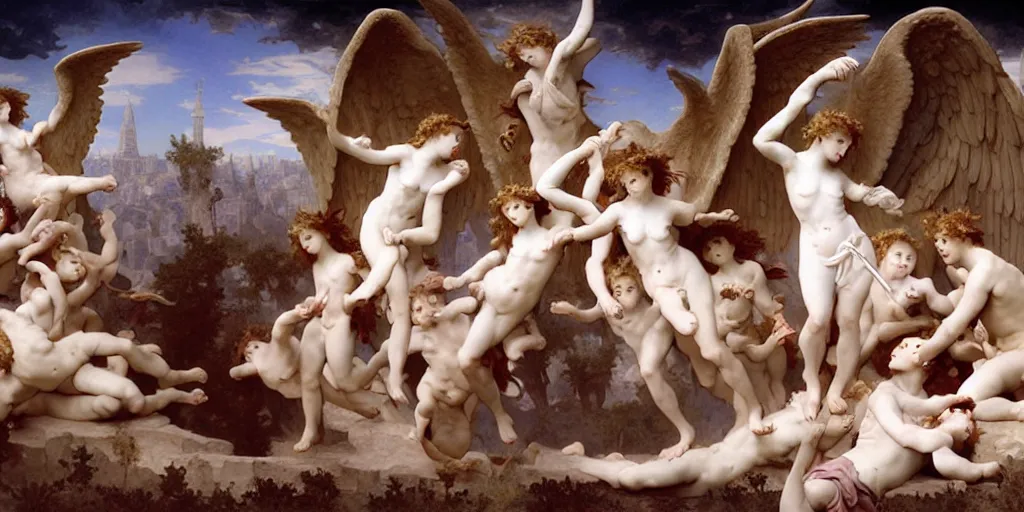 Image similar to 3 d rendered scene of the battle of angels and demons at the entrance to the fractal palace of cosmos painting by bouguereau made in unreal engine hyper realistic, beautiful face, symmetrical face, good and evil, scrollwork, silver leaf, magical, detailed intricate, heraldic design, atmosphere, beautiful, realistic, detailed