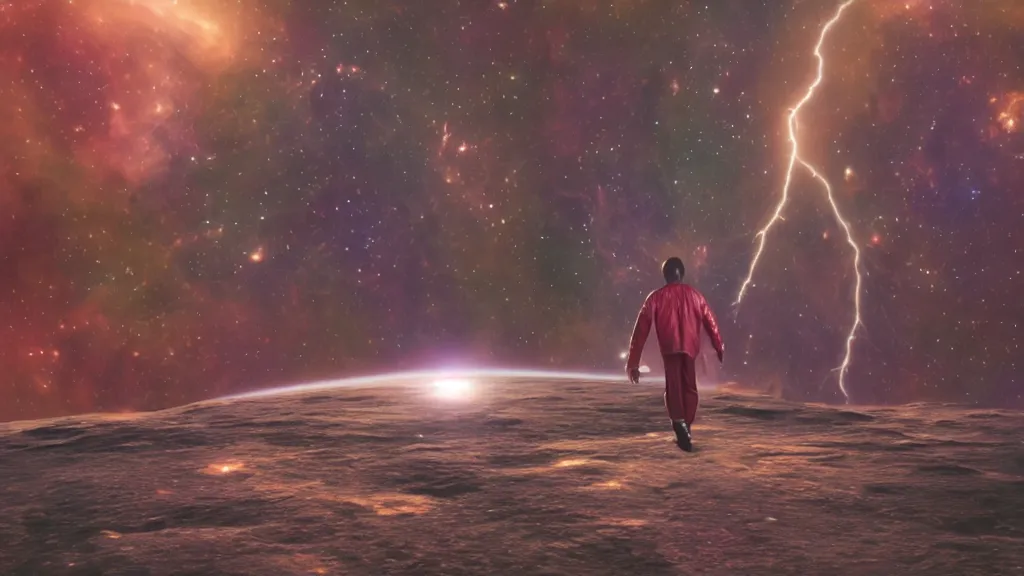 Prompt: billy preston ( 1 9 7 4 ) walking on a planet. close bottom view. whole body. nebula background. cinematic composition. cinematic lightning. ultra realistic. 8 k. highly detailled. deep space. ultra realistic details. cinematic atmosphere. studio lighting. shadows. dark background.