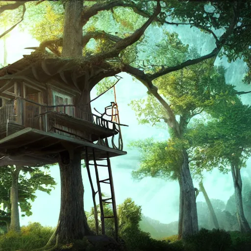 Prompt: a photorealistic dramatic fantasy render of a man building a beautiful tree house