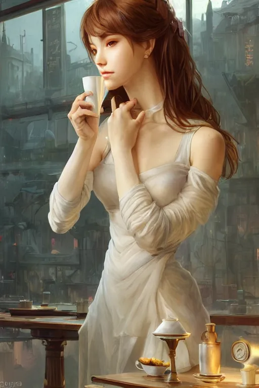 Image similar to an attractive serene cute android in a cafe, partially human , partially biomedical design , natural atmosphere, great high details, highly reaslitic, cinematic lighting, intricate, elegant, super highly detailed, art station, concept arD, beautiful, delicate, art by artgerm and greg rutkowski and alphonse mucha and loish and WLOP