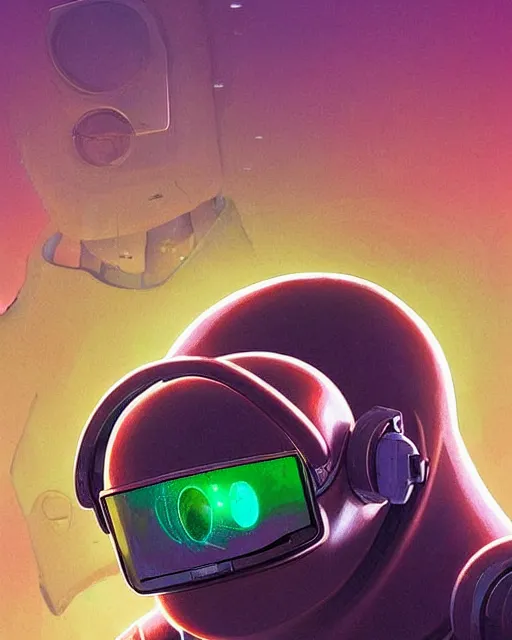 Image similar to sloth as future coder man looking on, sleek cyclops display over eyes and sleek bright headphoneset, neon accent lights, holographic colors, desaturated headshot portrait digital painting by dean cornwall, rhads, john berkey, tom whalen, alex grey, alphonse mucha, donoto giancola, astronaut cyberpunk electric