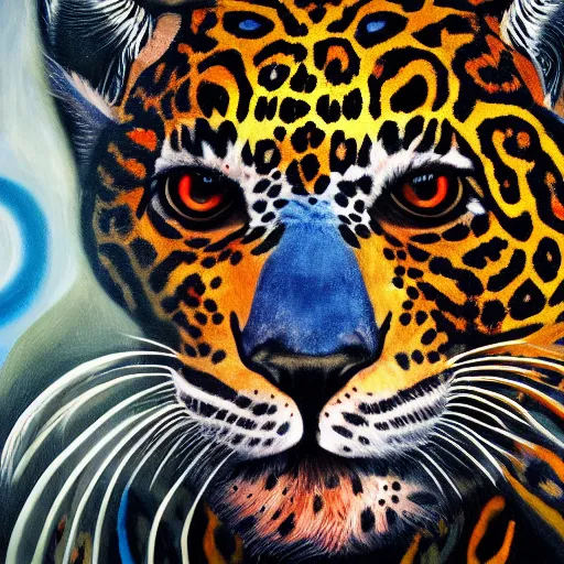 Image similar to an intricated and detailed painting of a shaman turning into a jaguar 4 k render