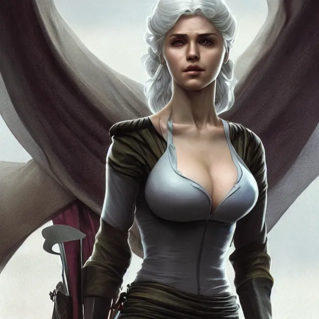 Image similar to cirilla wearing tight in chest shirt!, half - opened shirt!!, ultra realistic, pretty face, extremely detailed face!!, anatomically correct!!, symmetrical!!!, concept art, intricate details, highly detailed, photorealistic, octane render, 8 k, unreal engine. art by artgerm and greg rutkowski and alphonse mucha