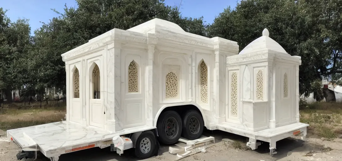 Prompt: islamic and indian - inspired ivory - white marble tiny mausoleum on trailer