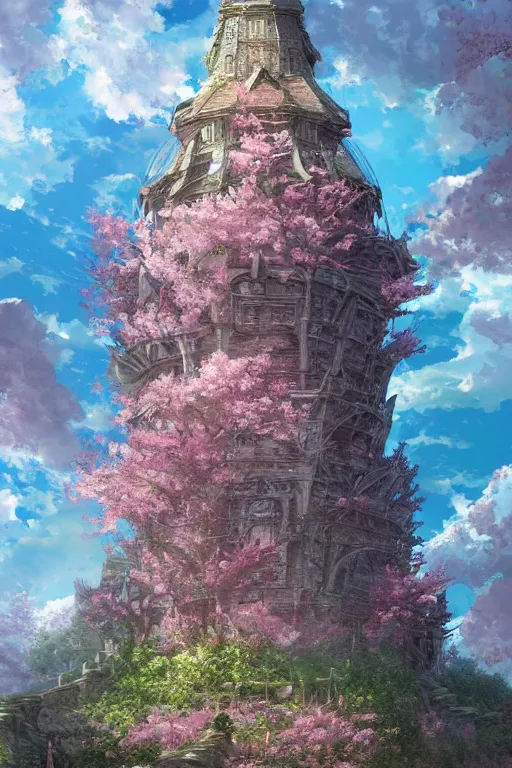 Image similar to hyperdetailed ancient wizard tower with sakura trees, cinematic highly detailed artstation hyperstylized illustrated by moebius and yoshitaka amano