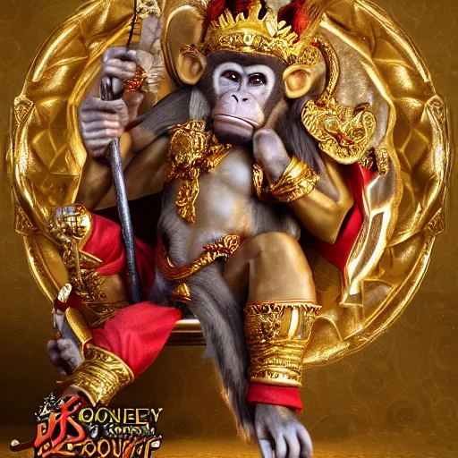 Prompt: monkey king godly lord of monkeys, wearing a crown, holding a staff, sitting in throne 8 k render high detail