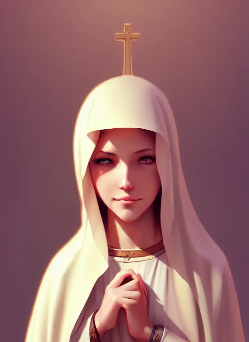 Image similar to virgin mary, lol style, highly detailed, artgerm, cushart krenz, zeronis, trending on artstation, soft light, sharp edges, illustration, character design, concept art