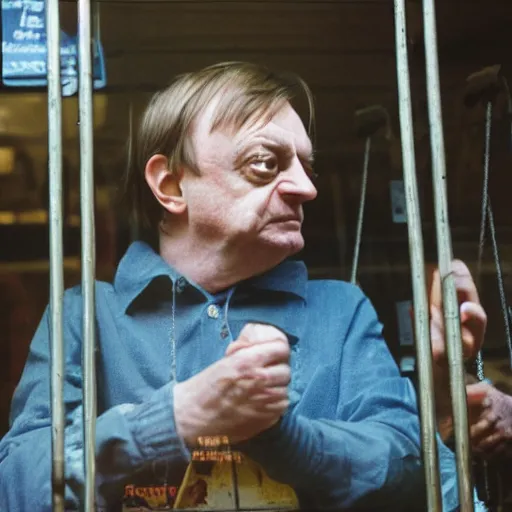 Image similar to mark e smith in a small cage in a pet shop window, his hands are up on the bars, the cage has a for sale tag, 4 k