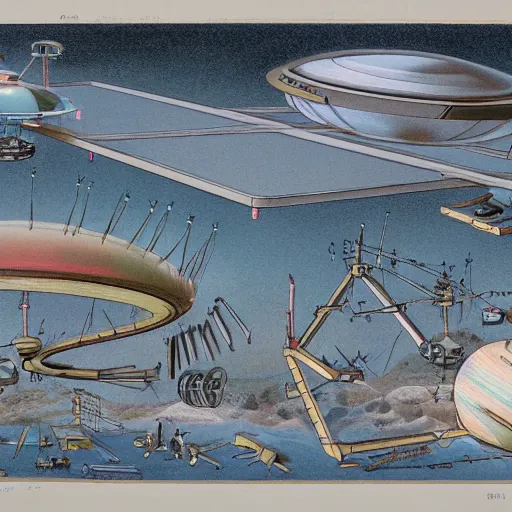 Image similar to vintage, detailed, colored sketch of ufo construction, all parts, with full descriptions, on parchment