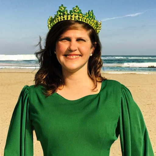 Prompt: A photo of a young woman standing on a beach wearing a green dress and a crown