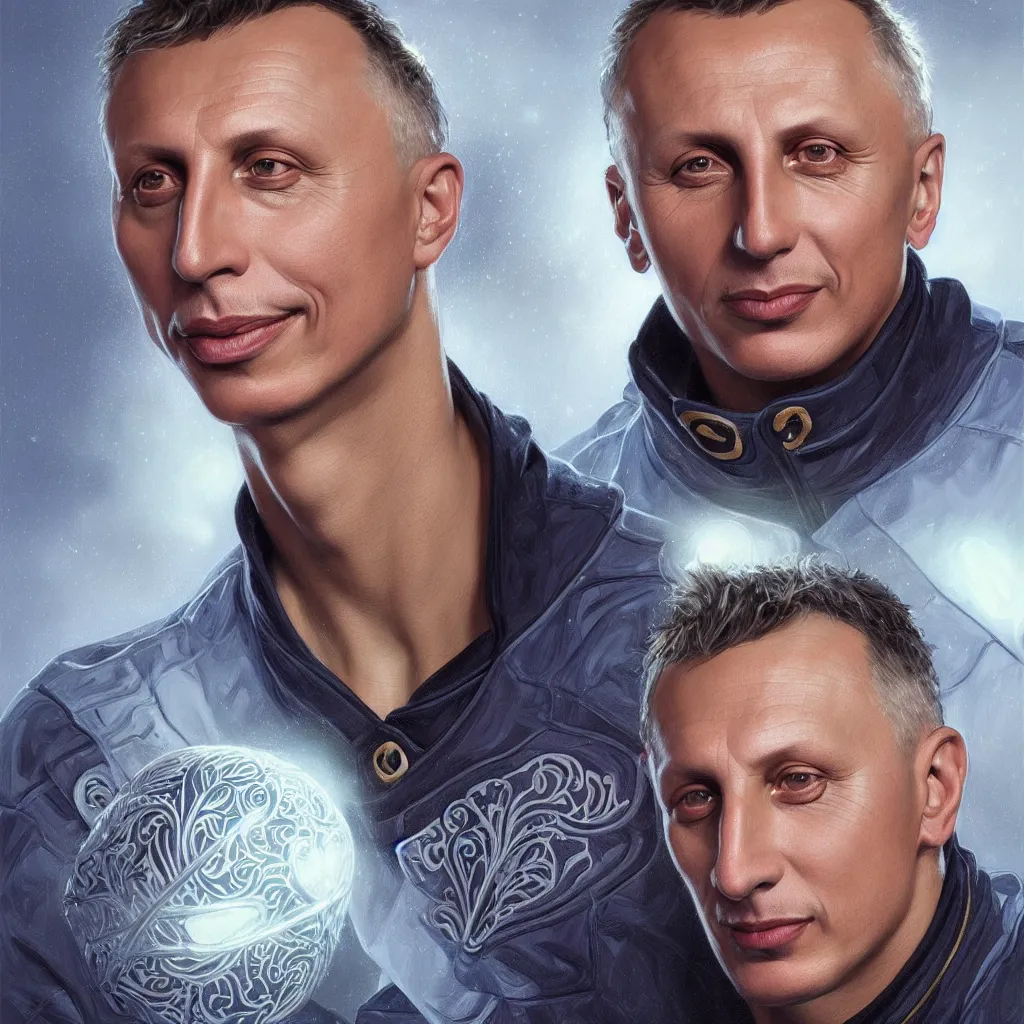 Prompt: portrait of hockey coach Igor Larionov, fantasy, intricate, elegant, highly detailed, digital painting, artstation, concept art, blue backlight, smooth, sharp focus, luxury fashion illustration, art by artgerm and greg rutkowski and alphonse mucha, brightly lit cinematic soft lighting, photorealistic