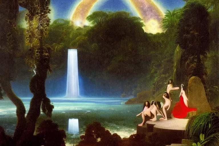 Prompt: The waterfall chalice, refracted moon sparkles, thunderstorm, greek pool, beach and Tropical vegetation on the background major arcana sky and occult symbols, by paul delaroche, hyperrealistic 4k uhd, award-winning, very detailed paradise