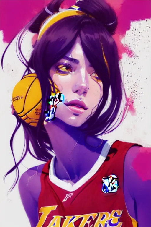 Image similar to a ultradetailed beautiful panting of a stylish girl in a los angeles lakers jersey, by conrad roset, greg rutkowski and makoto shinkai, trending on artstation