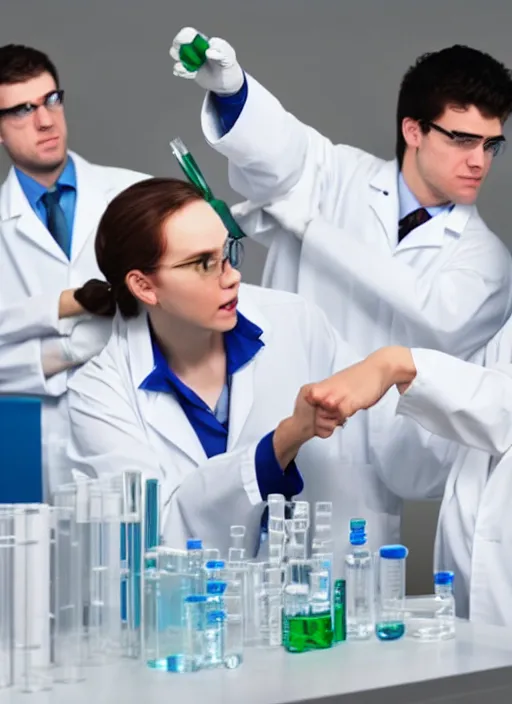 Prompt: chemists in white coats are fighting with knives