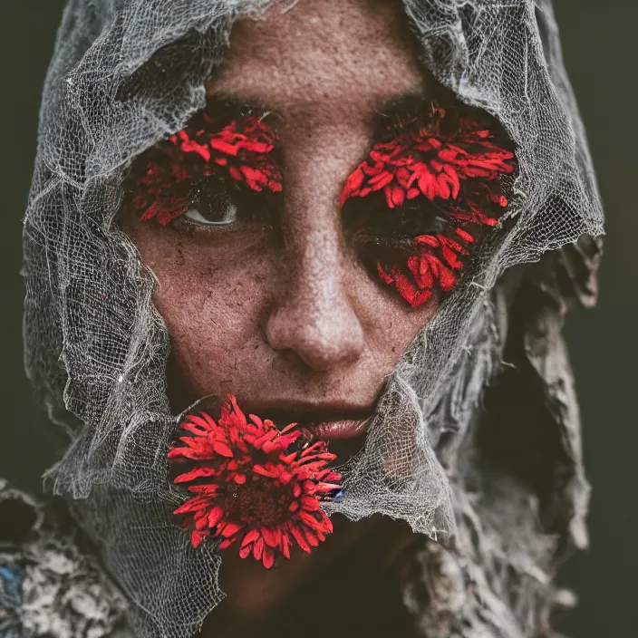 Prompt: a closeup portrait of a woman wearing a hooded cloak made of zinnias and barbed wire, in a derelict house, detailed face, CANON Eos C300, ƒ1.8, 35mm, 8K, medium-format print