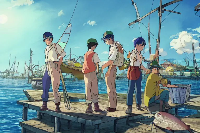 Image similar to cell shaded anime key visual of a group of fisherman trying to sell fish on the docks of a coastal fantasy city in the style of studio ghibli, moebius, makoto shinkai, dramatic lighting