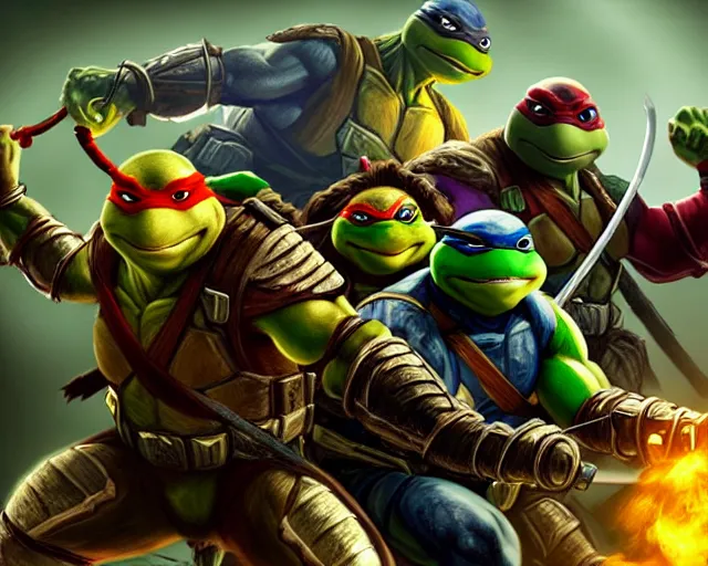 Image similar to a gaming screenshot still portrait of teenage mutant ninja turtles in mortal kombat, deep focus, d & d, fantasy, intricate, elegant, highly detailed, digital painting, artstation, concept art, matte, sharp focus, illustration, dark fantasy style art, hearthstone, art by artgerm and greg rutkowski and alphonse mucha