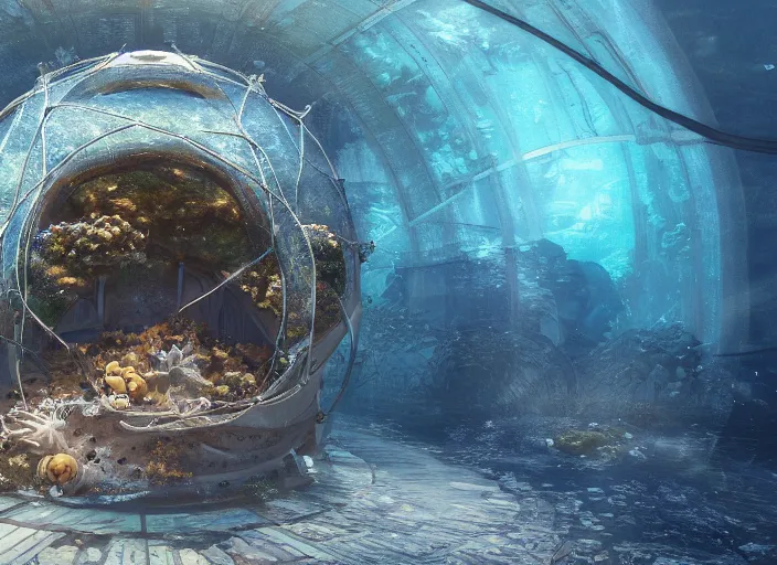 Prompt: masterpiece artwork of a underwater dome inside the ocean, au naturel, hyper detailed, digital art, trending in artstation, cinematic lighting, studio quality, smooth render, unreal engine 5 rendered, octane rendered, art style by klimt and nixeu and ian sprigger and wlop and krenz cushart