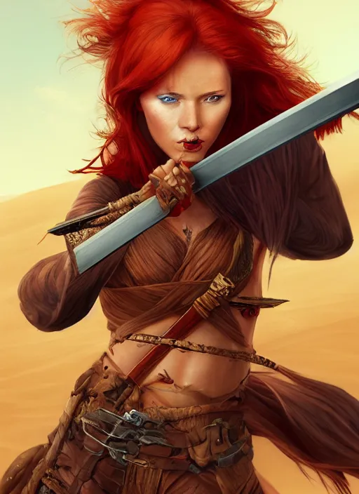 Image similar to Redhead female fighter with katana in desert, fantasy, medieval, vivid colors, fantasy, elegant, concept art, sharp focus, beautiful face!!, digital art, Hyper-realistic, 4K, Unreal Engine, Highly Detailed, HD, Dramatic Lighting by Brom, trending on Artstation
