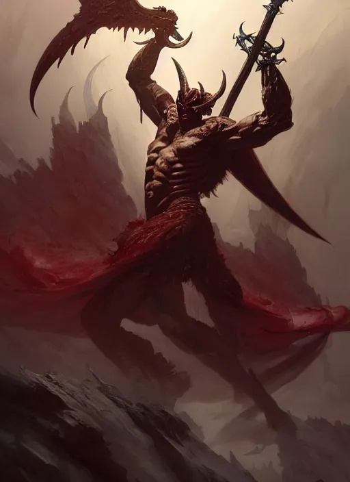 Image similar to a male horned demon fighter with a huge sword and wings, dim light, front game card, marvel comics, dark, intricate, highly detailed, smooth, artstation, digital illustration by ruan jia and mandy jurgens and artgerm and wayne barlowe and greg rutkowski and zdislav beksinski