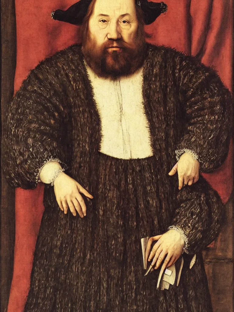 Prompt: “A portrait of a bearded fantasy Dwarf Lawyer by Hans Holbein (1523)”