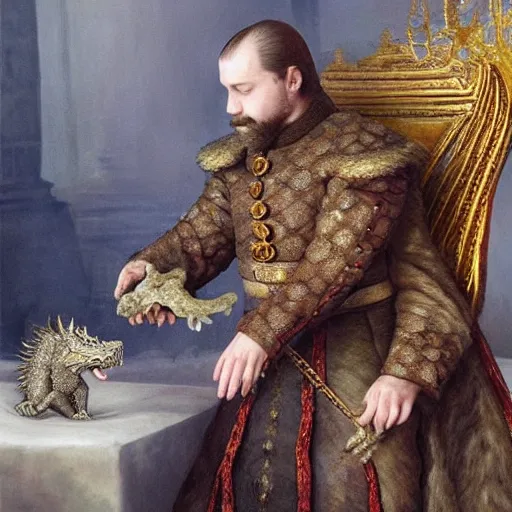 Prompt: Photo of Russian Tsar Nicholas 2 playing with dragon from game of thrones as a pet, photorealism,