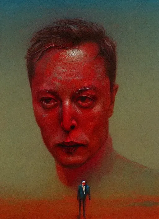 Image similar to A painting of Elon Musk in style of Beksinski. Very detailed