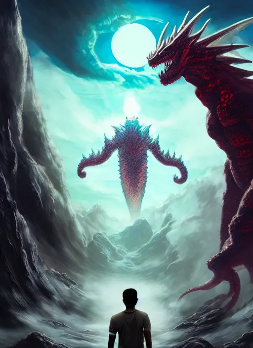 Image similar to artgerm, giant Kaiju dragon monster, god, tiny person staring up at the Kaiju, expansive, unearthly, 8k, wide-shots, ginormous, horror, looming over Earth