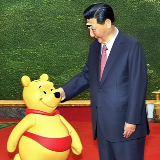 Image similar to winnie the pooh and xi jinping shaking hands in palace