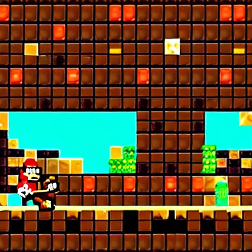 Image similar to Donkey Kong in a beautiful mine with shiny crystals on the wall, floating barrels and minecarts.