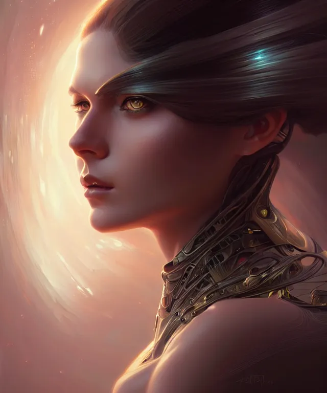 Image similar to futuristic young woman portrait, sci-fi, amber eyes, face, long hair, fantasy, intricate, elegant, highly detailed, digital painting, artstation, concept art, smooth, sharp focus, illustration, art by artgerm and greg rutkowski and alphonse mucha