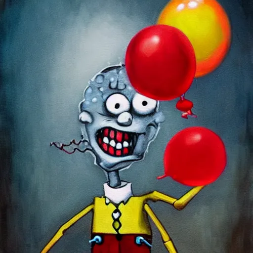 Image similar to grunge painting of spongebob with a wide smile and a red balloon by chris leib, loony toons style, pennywise style, corpse bride style, horror theme, detailed, elegant, intricate, Atmospheric phenomenon, conceptual, volumetric light