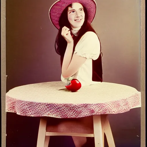 Prompt: several different photos showing young woman wearing a hat on top of a table, in the style of a 7 0 s photograph