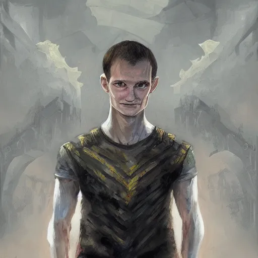 Image similar to Vitalik Buterin as a overlord in the style of Marc Simonetti