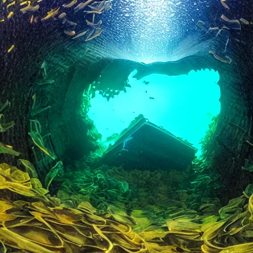 Prompt: underwater edinburgh castle, deep underwater, fish shoal, shot on gopro9, dynamic lighting, 8k, very very very highly detailed, hyper realistic realistic, kelp