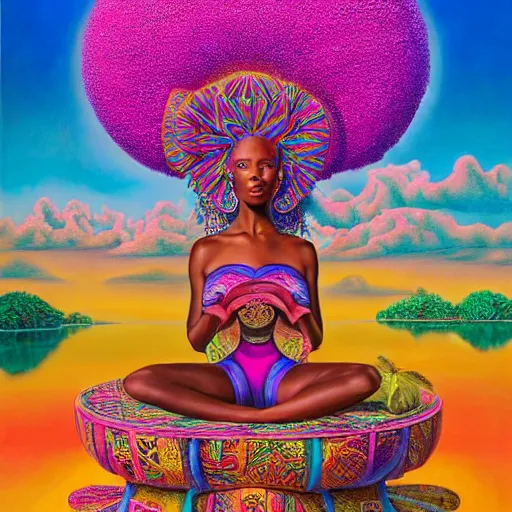 Image similar to a regal and elegant african queen with a colorful afro sitting in a cabana on top of an extremely large steampunk elephant near a pink lake with a large glowing baobab tree, by amanda sage and alex grey and evgeni gordiets in a surreal psychedelic style, oil on canvas 8k, hd