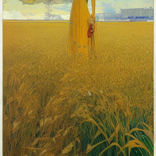 Image similar to A beautiful painting of an offshore oil rig, standing in a golden wheat field, fine art, painted by carl larsson and alphonse mucha, art deco