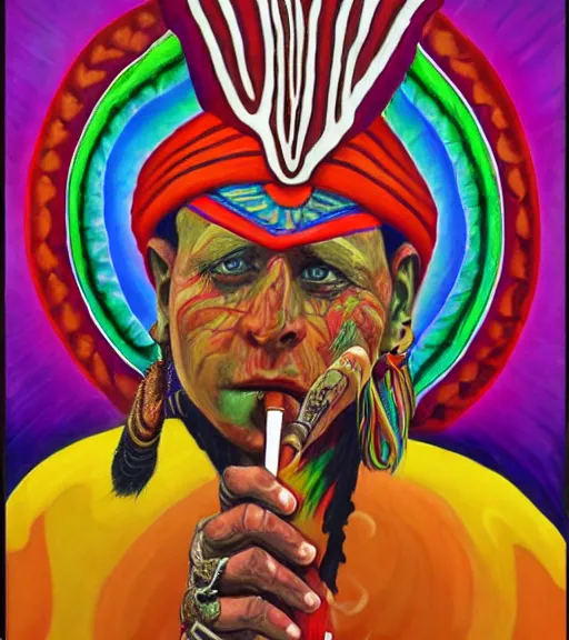 Image similar to Painting in a style of Alex Grey of a shaman dressed in a colorful traditional clothes. He is smoking a pipe