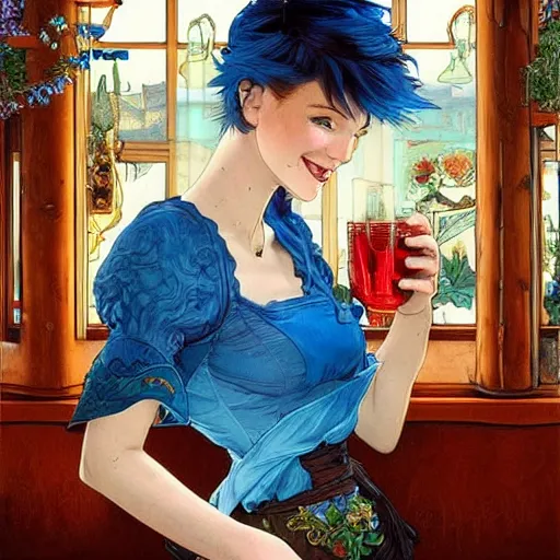 Image similar to a smiling happy beautiful barmaid with short blue hair wearing a red dress in a rustic saloon, beautiful blue eyes, fantasy, intricate and very beautiful and elegant, highly detailed, digital painting, artstation, concept art, smooth and sharp focus, illustration, art by tan zi and artgerm and alphonse mucha and peter mohrbacher