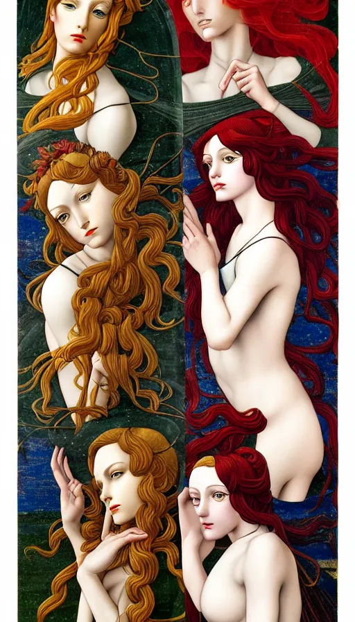 Image similar to 12 figures, representing the 4 seasons, (3 as Spring, 3 as Summer, 3 as Autumn, and 3 as Winter), in a mixed style of Botticelli and Æon Flux, inspired by pre-raphaelite paintings, shoujo manga, and cyberpunk, stunningly detailed, elaborate inking lines, pastel colors, 4K photorealistic