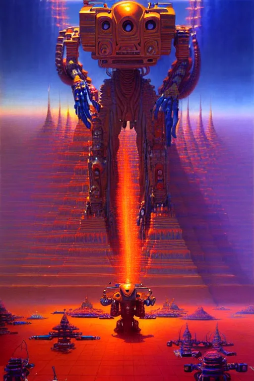 Prompt: a giant thai dmt lsd architecture mecha, tim hildebrandt, wayne barlowe, bruce pennington, donato giancola, trending on artstation, cinematic composition, beautiful lighting, hyper detailed, 8 k, oil on canvas