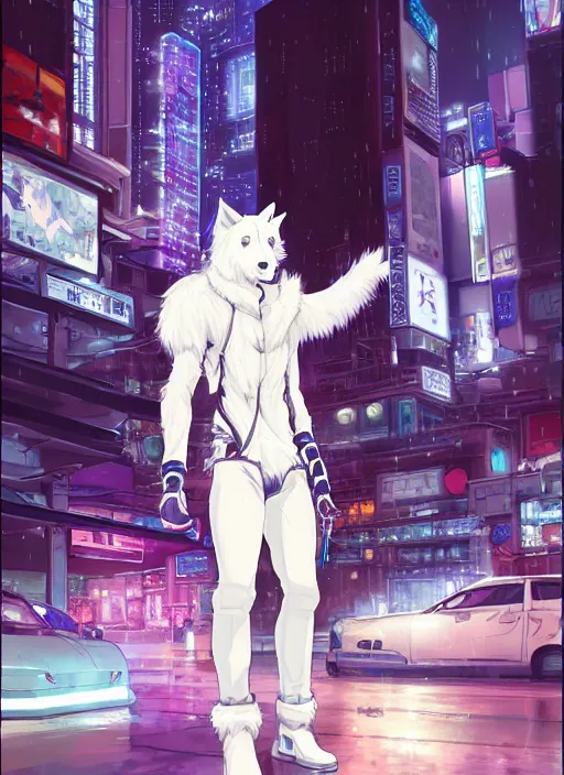 Image similar to character portrait of a male anthro white wolf fursona with a tail and a cute beautiful attractive furry face wearing stylish cyberpunk clothes in a cyberpunk city at night while it rains. hidari, color page, tankoban, 4K, tone mapping, Akihiko Yoshida.